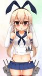  &gt;_&lt; :3 adjusting_eyewear anchor bespectacled black_eyes blonde_hair blue_skirt blush closed_eyes elbow_gloves glasses gloves hairband highres kantai_collection long_hair looking_at_viewer navel red-framed_eyewear rensouhou-chan semi-rimless_eyewear shimakaze_(kantai_collection) skirt thighhighs under-rim_eyewear white_gloves zack_(haiuinndo) 