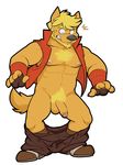  abs anthro balls beard biceps big_muscles blonde_hair body_hair canine chest_hair chest_tuft clothing facial_hair fingerless_gloves flaccid fur gloves hair jaryl_(character) male mammal muscles nipples pants pants_down pecs penis plain_background pubes shoes solo surprise tuft uncut vasuki vest wolf 