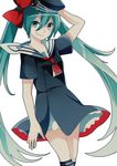  bati15 dress green_eyes green_hair hat hatsune_miku long_hair sailor_dress smile solo twintails very_long_hair vocaloid white_background 