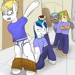  anthro blonde_hair blue_clothing blue_eyes blue_mane blue_pants blue_shirt briefs brown_fur brown_hair bulge clothing crossed_arms ear_tuft equine eyewear flailing friendship_is_magic fur fuze gaffer_(mlp) gizmo_(mlp) glasses green_eyes green_hair group hair hallway hi_res hooves horn hug indoor kneeling laugh lockers long_hair male mammal mane mohawk my_little_pony nerd open_mouth orange_fur original_character pants pantsed pantsing prank purple_eyes school shining_armor_(mlp) shirt short_hair shorts simple_background smile smirk standing striped_hair stubble surprise tan_shorts teeth tongue tripped tripping tuft underwear unicorn white_body white_fur 