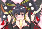  bad_id bad_pixiv_id banana bangs bare_shoulders beads between_breasts black_hair black_wings blunt_bangs blush breasts chocolate_banana cleavage collarbone cream dead_or_alive dead_or_alive_5 detached_sleeves dual_wielding eating food food_in_mouth fruit hair_ornament hair_ribbon hair_stick hairband hat highres holding japanese_clothes large_breasts long_sleeves looking_at_viewer mole mole_under_mouth nose_blush nyotengu outline phallic_symbol pom_pom_(clothes) purple_eyes ribbon sexually_suggestive short_hair sidelocks signature solo spiritual_b90 striped tassel tokin_hat tress_ribbon twintails upper_body wide_sleeves wings 