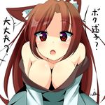  :o animal_ears bare_shoulders breasts brown_hair cleavage fang highres imaizumi_kagerou large_breasts long_hair looking_at_viewer miton_(turuyasann) open_mouth red_eyes simple_background solo touhou translated typo white_background wolf_ears 