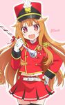  :3 :d amatsuka_mao band_uniform belt black_legwear blush character_name cowboy_shot epaulettes fang gj-bu gloves hair_flaps hand_on_hip hat heart holding long_hair long_sleeves looking_at_viewer marching_band_baton midriff navel open_mouth orange_hair outline pink_background pleated_skirt red_eyes shako_cap skirt smile solo star thighhighs v-shaped_eyebrows white_gloves youkan zettai_ryouiki 