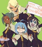  4girls ahoge ari_laharis basilisk blue_eyes blue_hair blue_nails capelet collar cookie dark_elf dark_skin demon_girl demon_mages earrings eating elf eyewear_on_head folded_ponytail food food_on_face glasses gorgon green_hair happy happy_birthday highres horn jason_robinson jewelry making_of mole multiple_girls nail_polish pointy_ears red_eyes semi-rimless_eyewear short_hair succubus tara_olphoros tess_tesryon under-rim_eyewear uniform ziggy_kakziga zipper 