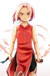  1girl bare_shoulders bike_shorts cowboy_shot dress flat_chest green_eyes haruno_sakura holding holding_weapon kunai looking_at_viewer naruto o96ap pink_hair red_dress short_hair shorts side_slit sleeveless sleeveless_dress solo weapon zipper 