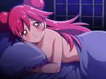  afterglow bad_id bad_pixiv_id brown_eyes double_bun highres hiwairo304 jewelpet_(series) lady_jewelpet long_hair looking_at_viewer lying momona nude on_stomach pillow pink_hair smile solo 