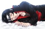  akatsuki_(naruto) androgynous bad_id bad_pixiv_id black_hair forehead_protector ikuni_(heterodoxy) jewelry long_hair lying male_focus naruto naruto_(series) necklace on_side ring snow solo uchiha_itachi 