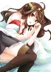  ahoge bare_shoulders blush boots brown_eyes brown_hair brown_legwear detached_sleeves frills hair_bun hair_ornament japanese_clothes kantai_collection kongou_(kantai_collection) long_hair looking_at_viewer lying nerokuro nontraditional_miko on_side skirt solo thigh_boots thighhighs zettai_ryouiki 