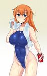  bare_shoulders blue_eyes breasts can charlotte_e_yeager competition_swimsuit covered_navel cowboy_shot gradient gradient_background highleg highleg_swimsuit kunashiri_(etorofu) large_breasts long_hair looking_at_viewer one-piece_swimsuit orange_hair simple_background skin_tight soda_can solo strike_witches swimsuit towel wet white_background world_witches_series yellow_background 