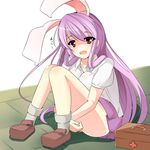  animal_ears blush breasts bunny_ears extra_ears highres long_hair looking_at_viewer medium_breasts miton_(turuyasann) multicolored multicolored_eyes open_mouth purple_eyes purple_hair purple_skirt red_eyes reisen_udongein_inaba sitting skirt solo touhou very_long_hair 