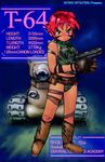  belt_pouch bikini bikini_bottom boots camouflage camouflage_bikini carina_(xiaowoo) caterpillar_tracks fingerless_gloves gloves ground_vehicle gun handgun military military_vehicle motor_vehicle pistol pouch red_eyes red_hair sleeveless solo swimsuit tank war_paint weapon 