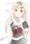  bangs blonde_hair blunt_bangs blush hair_flaps hair_ornament hair_ribbon hairclip kantai_collection long_hair looking_at_viewer neckerchief open_mouth pleated_skirt poi red_eyes red_neckwear remodel_(kantai_collection) ribbon sailor_collar scarf school_uniform shimoku_reyu skirt solo translated twitter_username white_background yuudachi_(kantai_collection) 