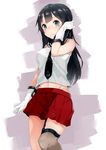  agano_(kantai_collection) akiha_(attract) bad_id bad_pixiv_id black_hair blue_eyes breasts gloves hand_in_hair kantai_collection long_hair medium_breasts navel necktie simple_background single_thighhigh skirt solo standing thighhighs white_background white_gloves 