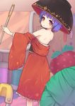  back bad_id bad_pixiv_id bare_shoulders blush blush_stickers bowl bowl_hat hat highres holding_needle japanese_clothes kimono looking_at_viewer looking_back minigirl naoki_noritaka needle obi off_shoulder purple_hair red_eyes sash short_hair solo sukuna_shinmyoumaru touhou 