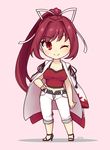  ;) bad_id bad_tumblr_id blush breasts camisole capri_pants chibi cleavage hair_intakes hair_ribbon hand_on_hip long_hair medium_breasts midriff mieru_(sugarsweet) navel one_eye_closed pants ponytail purple_hair red_eyes ribbon sandals smile solo under_night_in-birth very_long_hair yuzuriha_(under_night_in-birth) 