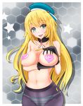  atago_(kantai_collection) beret black_gloves blonde_hair blush breast_hold breasts covered_nipples gloves green_eyes hat heart_pasties kantai_collection large_breasts long_hair looking_at_viewer monte_(koupin) navel open_mouth panties panties_under_pantyhose pantyhose pasties smile solo striped striped_panties underwear 