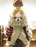  1girl accessory_(freedom_wars) android back-to-back bad_id bad_pixiv_id blank_stare blonde_hair blue_eyes brown_hair buttons coat collared_shirt cowboy_shot double-breasted expressionless fingerless_gloves freedom_wars gloves glowing headphones holding_hands labcoat long_sleeves looking_at_viewer magic necktie outdoors ruins shibanashi_miso shirt standing thorns togabito tower 