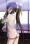  absurdres bow breasts brown_hair from_behind green_eyes hair_bow hair_brush hair_brushing hair_ribbon highres huang_lingyin infinite_stratos long_hair naked_shirt nyantype official_art open_mouth ribbon see-through_silhouette shirt small_breasts solo standing twintails very_long_hair 