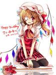  :d ascot black_legwear blonde_hair chuunibyou chuunibyou_demo_koi_ga_shitai! eyepatch flandre_scarlet happy_birthday hat hecha_(swy1996228) mob_cap open_mouth parody red_eyes reflection side_ponytail sitting smile solo thighhighs touhou wand wings wrist_cuffs zettai_ryouiki 