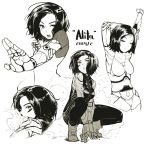  1girl absurdres alita:_battle_angel alita_(alita:_battle_angel) black_hair bob_cut character_name cyborg fighting_stance gally gunnm highres looking_at_viewer monochrome open_mouth simple_background smoke squatting stretch xiaobang 