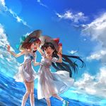  amami_haruka black_hair blue_eyes bracelet brown_hair day dress earrings ganaha_hibiki green_eyes hand_on_headwear hat idolmaster idolmaster_(classic) jewelry kayako_(tdxxxk) long_hair multiple_girls ocean ponytail sky smile sun_hat sundress very_long_hair 