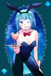  ;d animal_ears bare_shoulders blue_eyes blue_hair breasts bunny_ears bunny_girl cleavage cup drinking_glass mahou_shoujo_madoka_magica medium_breasts miki_sayaka momoko_(palemon) one_eye_closed open_mouth pantyhose short_hair smile solo wine_glass wrist_cuffs 