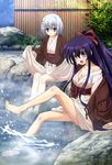  absurdres bare_legs barefoot blue_eyes breasts cleavage date_a_live feet hair_ornament hair_ribbon hairclip highres japanese_clothes legs long_hair long_legs matsui_riwako medium_breasts megami multiple_girls non-web_source official_art purple_eyes purple_hair ribbon silver_hair sitting smile soaking_feet tobiichi_origami very_long_hair water yatogami_tooka 