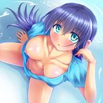  aqua_eyes blush bottomless breasts collarbone downblouse extended_downblouse from_above highres kneeling long_hair looking_at_viewer medium_breasts navel nipples original parted_lips pussy sitting solo stir255 sweat very_long_hair water 