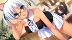  :d animal_ears blue_eyes breasts cat_ears chiara_farrell clenched_hand dark_skin dutch_angle fake_animal_ears fang fumio_(ura_fmo) game_cg glasses grisaia_(series) grisaia_no_kajitsu grisaia_no_rakuen indoors large_breasts looking_at_viewer open_mouth paw_pose pleated_skirt red-framed_eyewear shiny shiny_skin skirt smile solo tail tan white_hair 