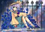  closed_eyes copyright_name flower green_eyes hat hat_ribbon hecha_(swy1996228) komeiji_koishi looking_at_viewer purple_hair ribbon rose short_hair sitting solo third_eye touhou 