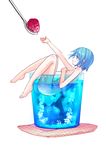  barefoot blue_eyes blue_hair cup food fruit full_body hair_ornament hairclip ice ice_cube in_container in_cup mahou_shoujo_madoka_magica miki_sayaka minigirl momoko_(palemon) nude raspberry short_hair simple_background smile solo spoon white_background 