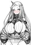 blush breasts claws detached_sleeves dress dress_lift horn huge_breasts inayama kantai_collection long_hair looking_at_viewer monochrome navel ribbed_dress seaport_hime shinkaisei-kan short_dress sideboob sketch solo standing very_long_hair white_background 