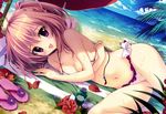  beach bikini blush brown_hair flowers original petals scan shiramori_yuse swimsuit wet 