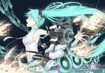  breasts cleavage fengsao_hua_tanzhang green_hair hair_ornament hatsune_miku hatsune_miku_(append) long_hair mecha_musume medium_breasts navel open_mouth outstretched_arms solo spread_arms twintails vocaloid vocaloid_append wind 