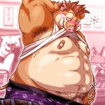 2013 anthro belly blush clothed clothing eyes_closed group male mammal moobs navel open_shirt overweight overweight_male pants phone polar_bear shirt suid suina sus_(pig) underwear ursid ursine wild_boar zapapanda 