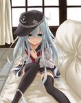  anchor_symbol azuuru black_legwear blue_eyes blush flat_cap hand_on_own_chest hat hibiki_(kantai_collection) highres kantai_collection long_hair looking_at_viewer panties panties_around_one_leg school_uniform serafuku skirt solo sweatdrop thighhighs underwear white_hair window 