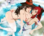 2girls bikini breasts brown_eyes brown_hair cleavage crossover erza_scarlet fairy_tail hat large_breasts long_hair multiple_girls red_eyes red_hair stormfeder swimsuit tattoo tongue witch_hat yuri 