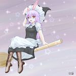  animal_ears apron boots broom broom_riding bunny_ears cosplay cross-laced_footwear hand_on_headwear hat kirisame_marisa kirisame_marisa_(cosplay) lavender_hair long_hair looking_at_viewer open_mouth purple_background red_eyes reisen_udongein_inaba sagami_kaede short_sleeves signature skirt skirt_set solo sparkle star starry_background touhou waist_apron witch_hat 