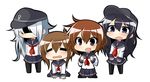  akatsuki_(kantai_collection) black_hair brown_eyes brown_hair chibi clenched_hands closed_eyes commentary_request crying folded_ponytail hat hibiki_(kantai_collection) highres ikazuchi_(kantai_collection) inazuma_(kantai_collection) kantai_collection long_hair multiple_girls open_mouth purple_eyes school_uniform serafuku shaded_face short_hair silver_hair simple_background sitting standing tears twumi white_background 