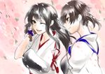  akagi_(kantai_collection) brown_eyes brown_hair cherry_blossoms gloves kaga_(kantai_collection) kantai_collection long_hair multiple_girls muneate one_eye_closed partly_fingerless_gloves short_hair shoukaki_(earthean) side_ponytail smile tasuki yugake 