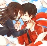  1girl black_hair brown_hair closed_eyes face-to-face forehead-to-forehead hair_ornament hairclip holding_hands kagerou_project kisaragi_shintarou long_hair paper red_scarf scarf school_uniform short_hair smile tateyama_ayano ujikawa_(nabari) 