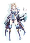  animal_ears bare_shoulders blush cat_ears fingerless_gloves gloves horns katana kokotetsu looking_at_viewer phantasy_star phantasy_star_online_2 short_hair smile solo sword tiger_pierce weapon 