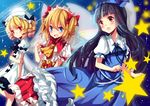  :d ascot black_hair blonde_hair blue_eyes bow brown_eyes drill_hair fairy_wings fang hair_bow hair_ornament hair_ribbon hairband hat hecha_(swy1996228) lolita_hairband long_hair luna_child mob_cap multiple_girls open_mouth red_eyes ribbon smile star star_sapphire sunny_milk touhou twintails wings 