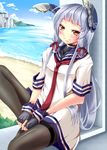  bad_id bad_pixiv_id bangs beach blue_hair blunt_bangs blush day fingerless_gloves gloves kantai_collection long_hair murakumo_(kantai_collection) ocean pantyhose red_eyes school_uniform serafuku short_sleeves sitting smile solo thighband_pantyhose yumibakama_meme 