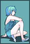  blue_background blue_eyes blue_hair mahou_shoujo_madoka_magica miki_sayaka momoko_(palemon) naked_overalls overalls short_hair sitting socks 