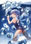  ass blue_eyes blue_hair bow bracelet cirno hair_bow hika_(ozeluk) ice ice_wings jewelry looking_at_viewer looking_back one-piece_swimsuit open_mouth school_swimsuit solo swimsuit touhou underwater wings 