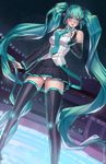  2014 absurdly_long_hair aqua_eyes aqua_hair artist_name blush bridal_gauntlets detached_sleeves hatsune_miku headset highres long_hair necktie panties pop-lee skirt solo thighhighs twintails underwear very_long_hair vocaloid 