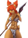  bra breasts fangs feline female green_eyes hair jailbird loincloth mammal muscles muscular_female polearm red_hair sabertooth solo spear underwear 