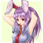  adjusting_hair animal_ears blush bunny_ears dress_shirt extra_ears highres kys_(k-k2) long_hair mouth_hold necktie ponytail purple_hair red_eyes red_neckwear reisen_udongein_inaba shirt solo touhou 