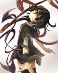  ahoge asymmetrical_wings black_hair black_legwear dress head_tilt hisona_(suaritesumi) houjuu_nue looking_back polearm red_eyes shaft_look short_dress short_hair sketch smile snake solo thighhighs touhou weapon wings zettai_ryouiki 